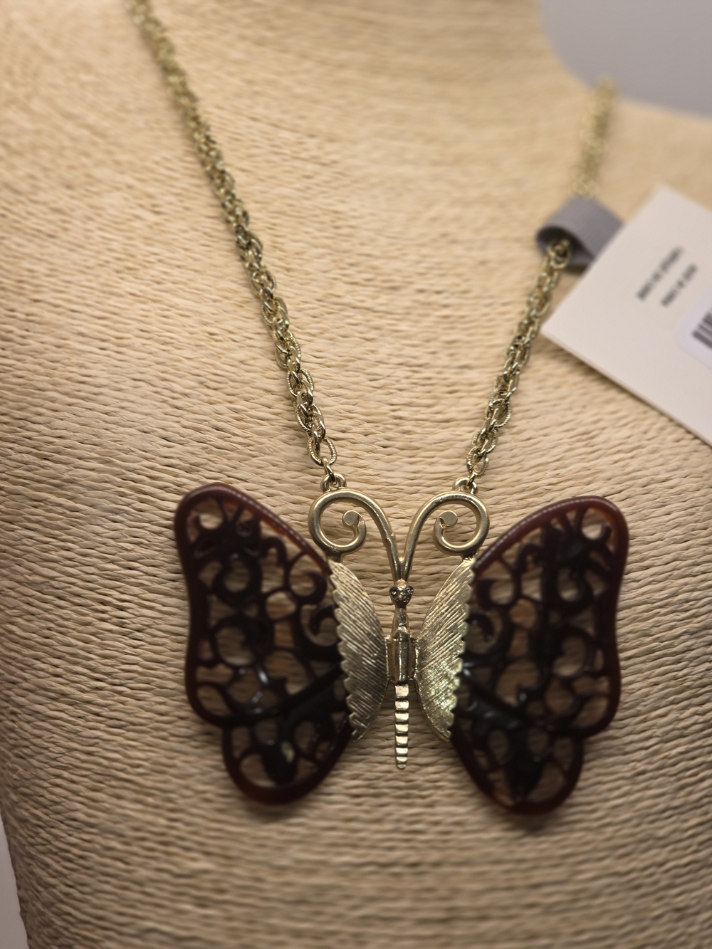 Anthropologie Gold Chain Butterfly Necklace with Brown Filigree Wings